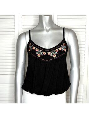 Vintage 00s H&M Black Floral Embroidered Peasant Cami Tank S Bubble Hem Y2K Boho